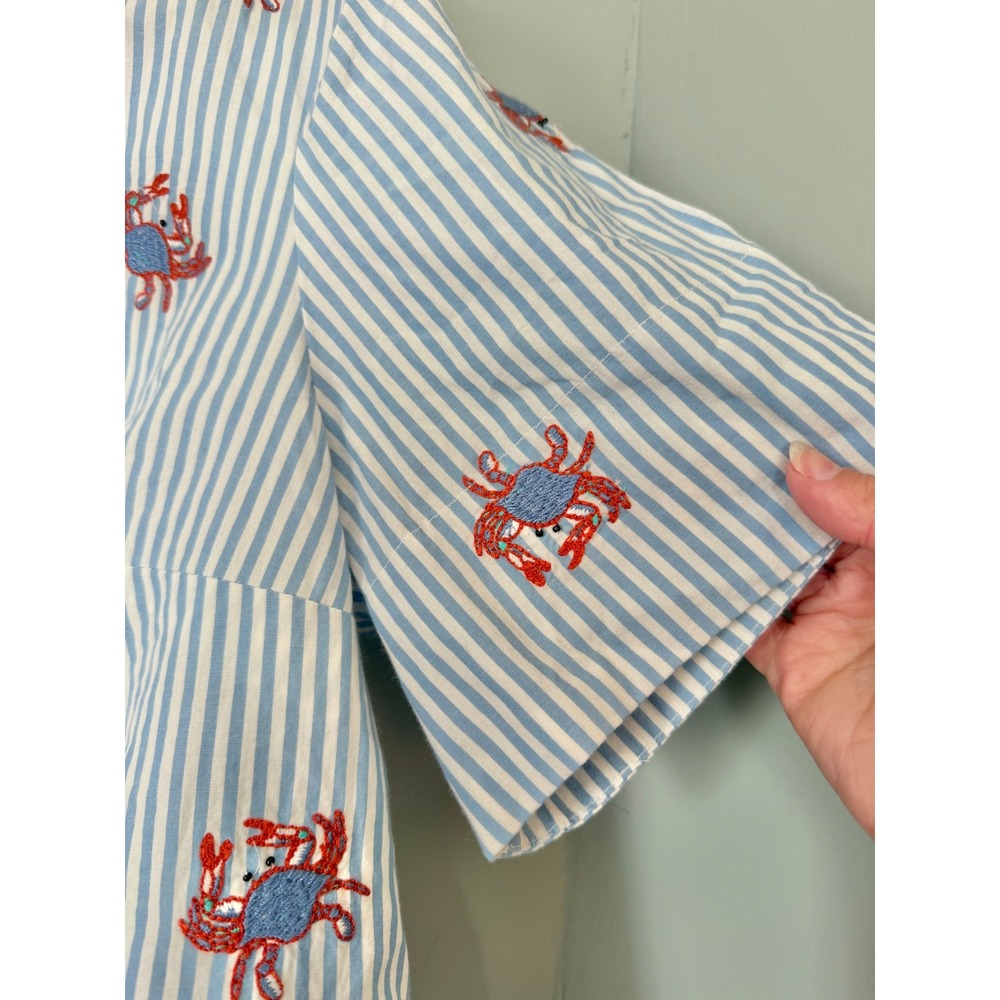 Maeve Blue White Striped Embroidered Cotton Crab Cropped Button Down Shirt L NWT - Picture 3 of 8